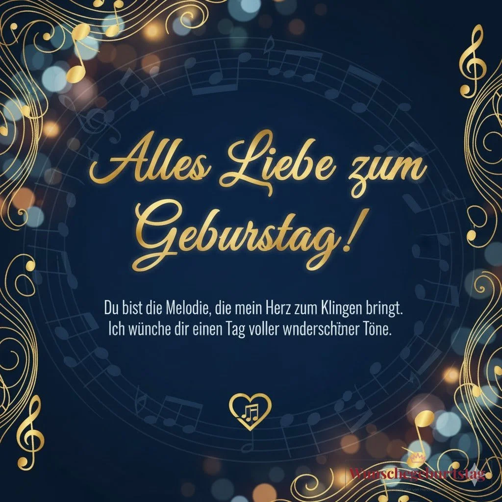 Alles Liebe zum Geburtstag! Du bist die Melodie, die mein Herz zum Klingen bringt. Ich wünsche dir einen Tag voller wunderschöner Töne.
