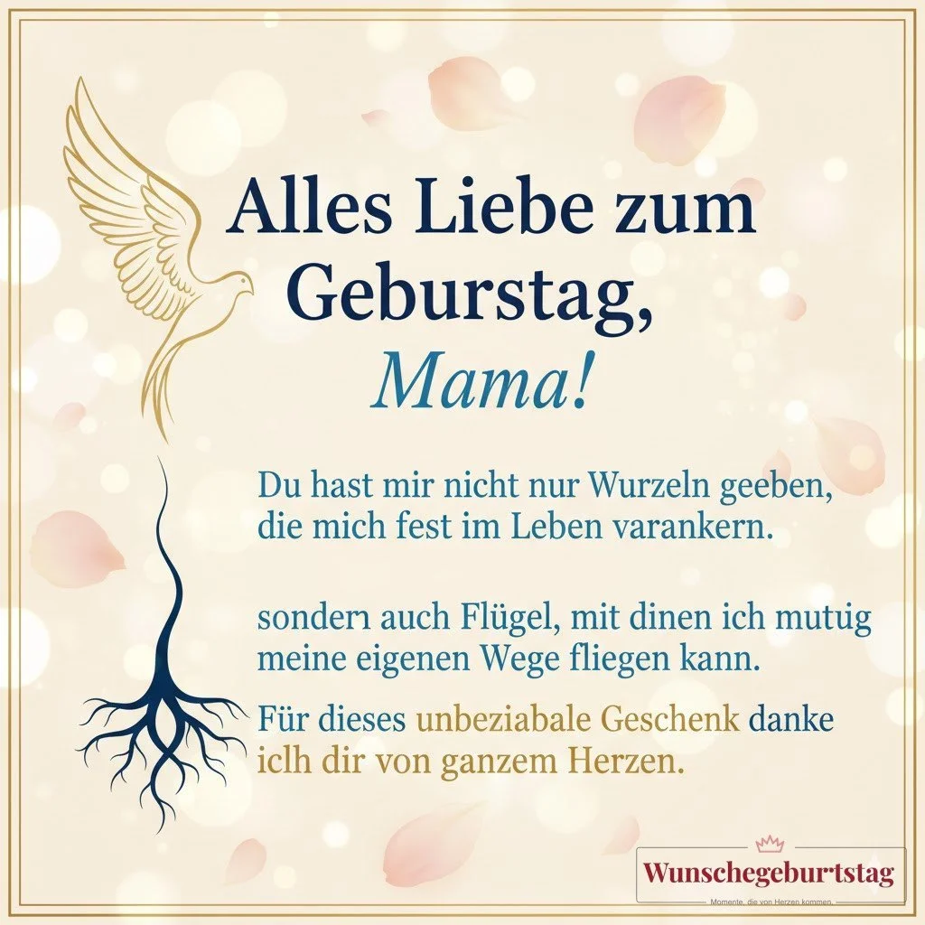 Alles Liebe zum Geburtstag, Mama! Du hast mir nicht nur Wurzeln gegeben, die mich fest im Leben verankern, sondern auch Flügel, mit denen ich mutig meine eigenen Wege fliegen kann. Für dieses unbezahlbare Geschenk danke ich dir von ganzem Herzen.