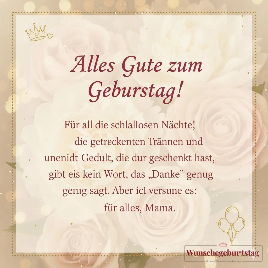 Alles Gute zum Geburtstag! Für all die schlaflosen Nächte, die getrockneten Tränen und die unendliche Geduld, die du mir geschenkt hast, gibt es kein Wort, das „Danke“ genug sagt. Aber ich versuche es: Danke für alles, Mama.