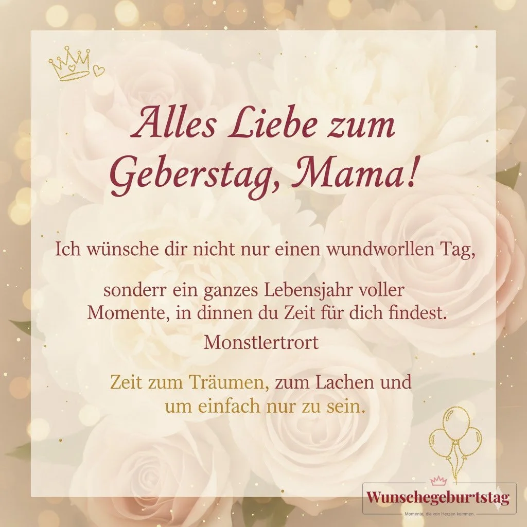 Alles Liebe zum Geburtstag, Mama! Ich wünsche dir nicht nur einen wundervollen Tag, sondern ein ganzes Lebensjahr voller Momente, in denen du Zeit für dich findest. Zeit zum Träumen, zum Lachen und um einfach nur zu sein.