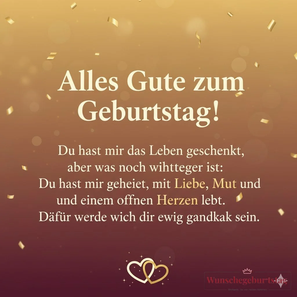 Alles Gute zum Geburtstag! Du hast mir das Leben geschenkt, aber was noch wichtiger ist: Du hast mir gezeigt, wie man es mit Liebe, Mut und einem offenen Herzen lebt. Dafür werde ich dir ewig dankbar sein.