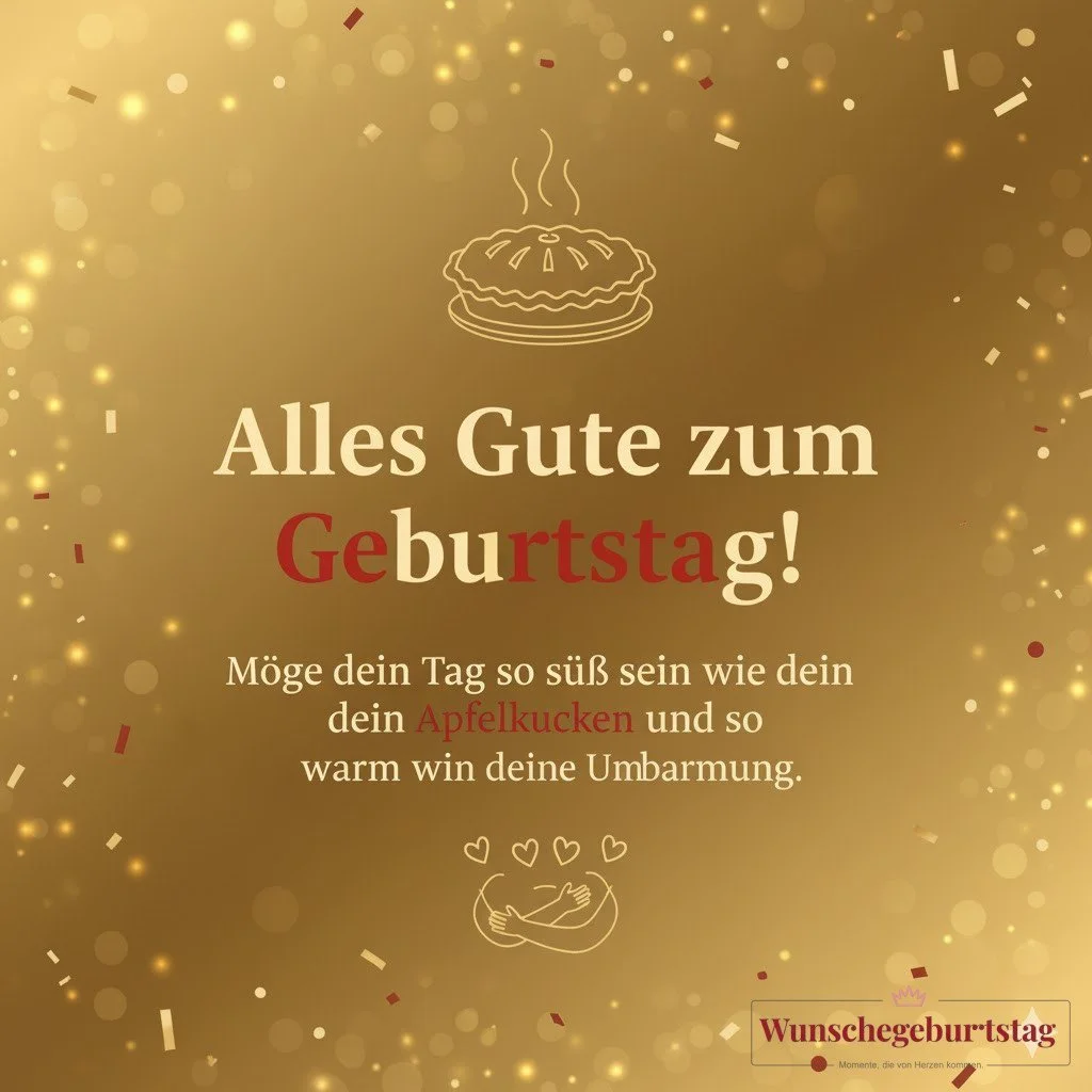 Alles Gute zum Geburtstag! Möge dein Tag so süß sein wie dein Apfelkuchen und so warm wie deine Umarmung.