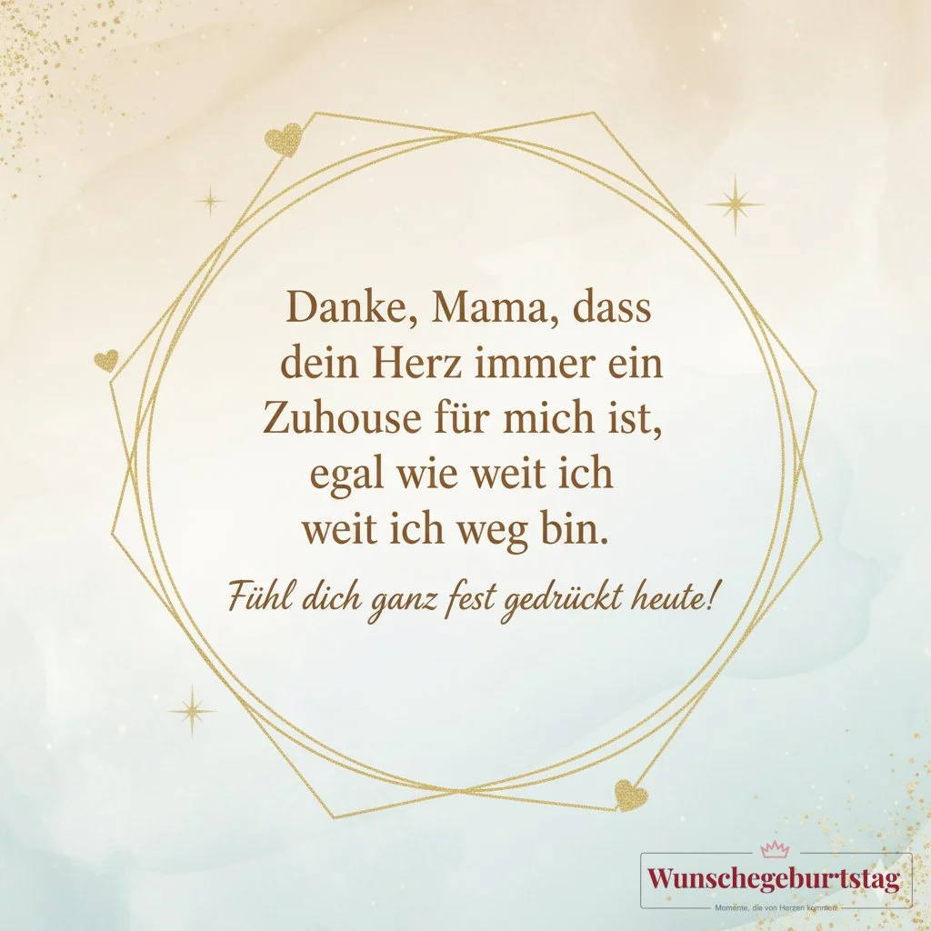 Danke, Mama, dass dein Herz immer ein Zuhause für mich ist, egal wie weit ich weg bin. Fühl dich gan - Geburtstagswünsche Mutter