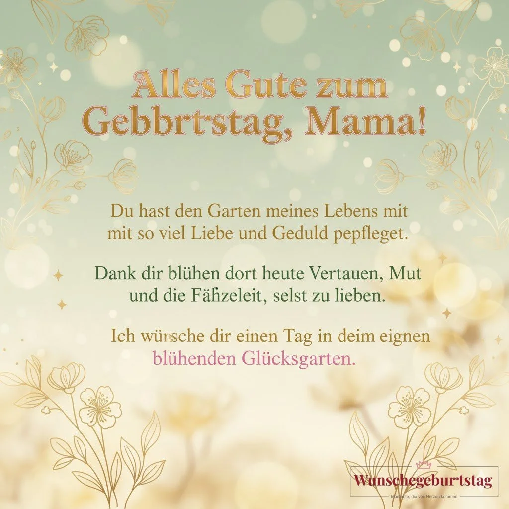 Alles Gute zum Geburtstag, Mama! Du hast den Garten meines Lebens mit so viel Liebe und Geduld gepflegt. Dank dir blühen dort heute Vertrauen, Mut und die Fähigkeit, selbst zu lieben. Ich wünsche dir einen Tag in deinem eigenen blühenden Glücksgarten.